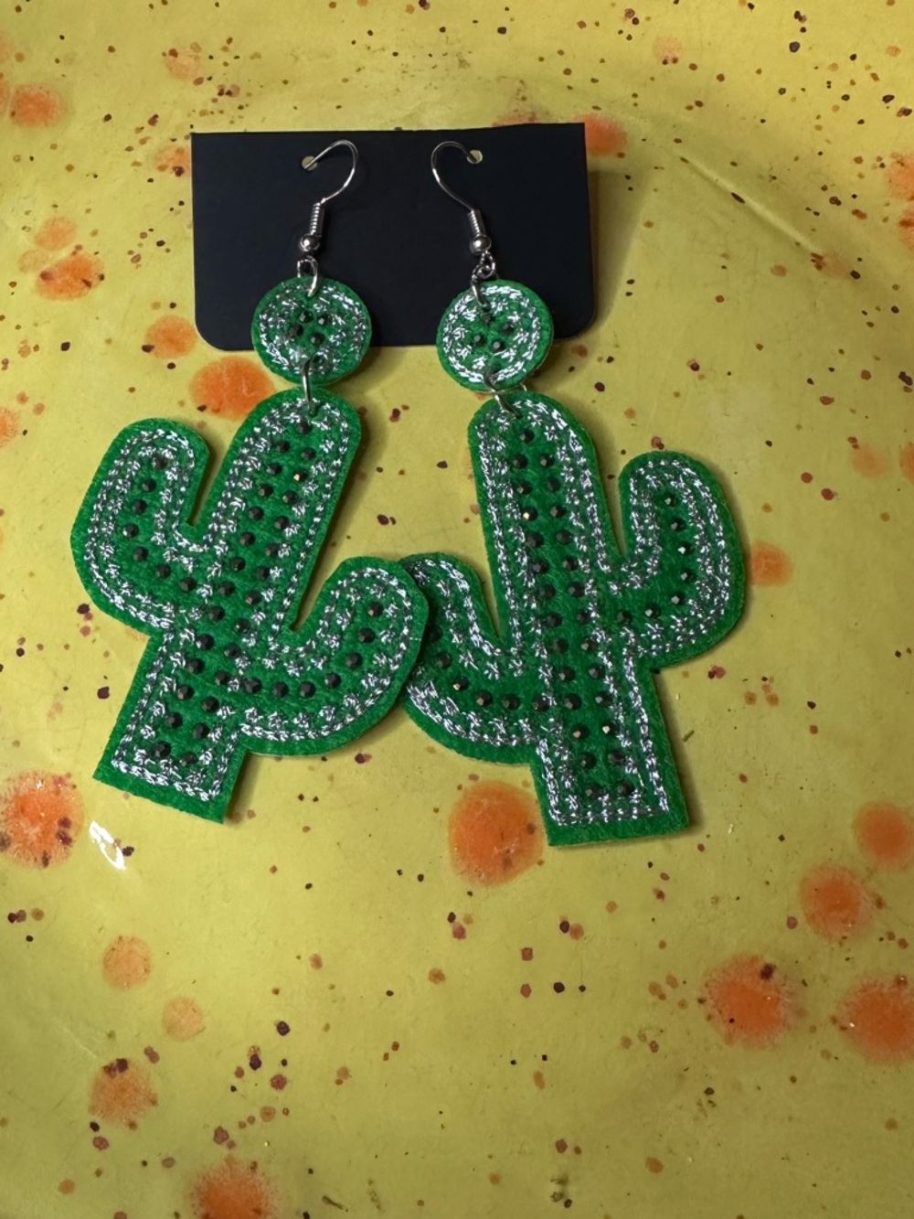 Green Cactus Drop Earrings - Sparkle Accent